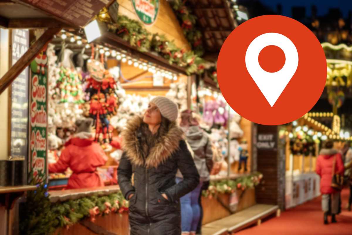 donna passeggia al mercatino e simbolo posizione